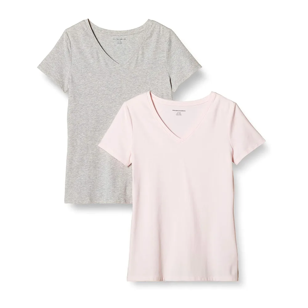 T-Shirt Col en V, à Manches Courtes, Coupe Standard, Packs — Rose Clair/Gris Clair Chiné