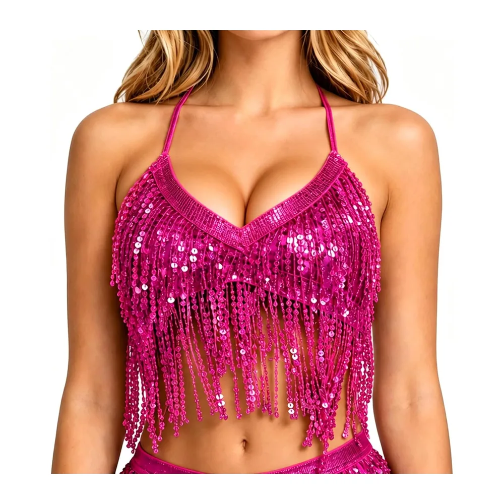 Haut à Paillettes, Top Paillette avec Franges, Soutien Gorge Scintillant — Rose Magenta