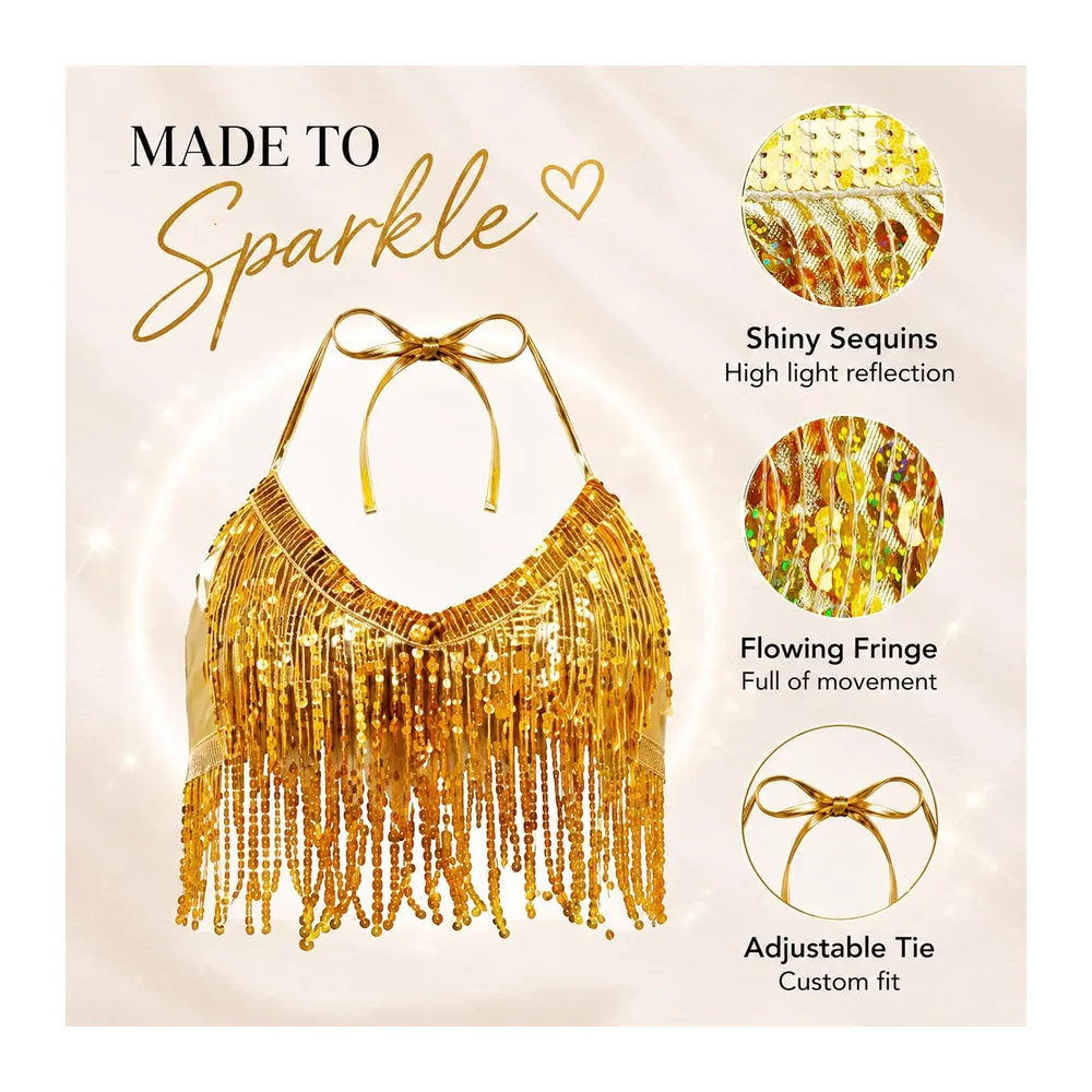 Haut à Paillettes, Top Paillette avec Franges, Soutien Gorge Scintillant Nuque — Or