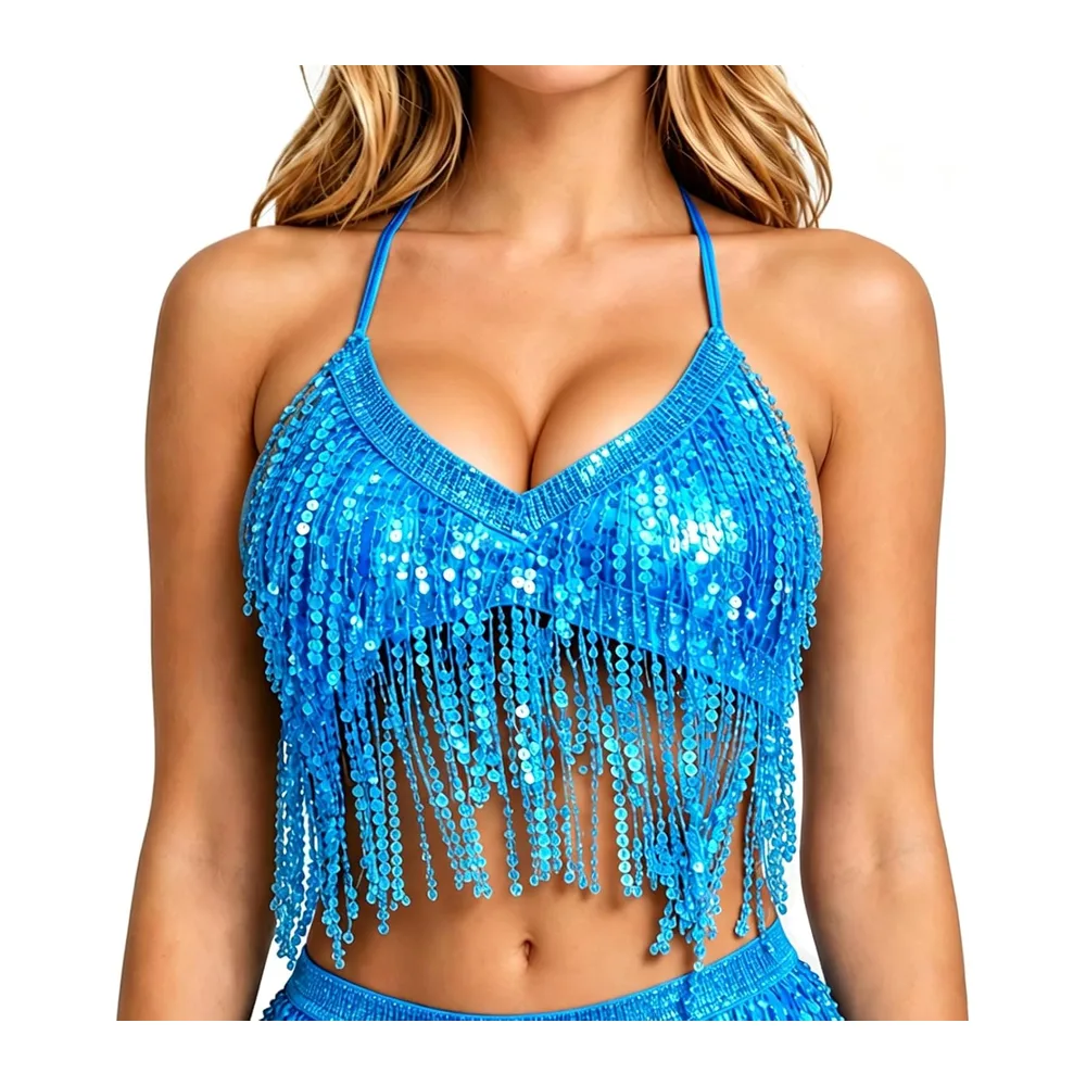 Haut à Paillettes, Top Paillette avec Franges, Soutien Gorge Scintillant Nuque — Bleu Ciel