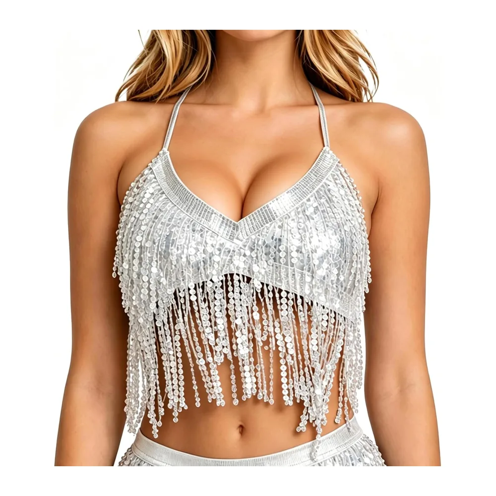 Haut à Paillettes, Top Paillette avec Franges, Soutien Gorge Scintillant Nuque — Argent