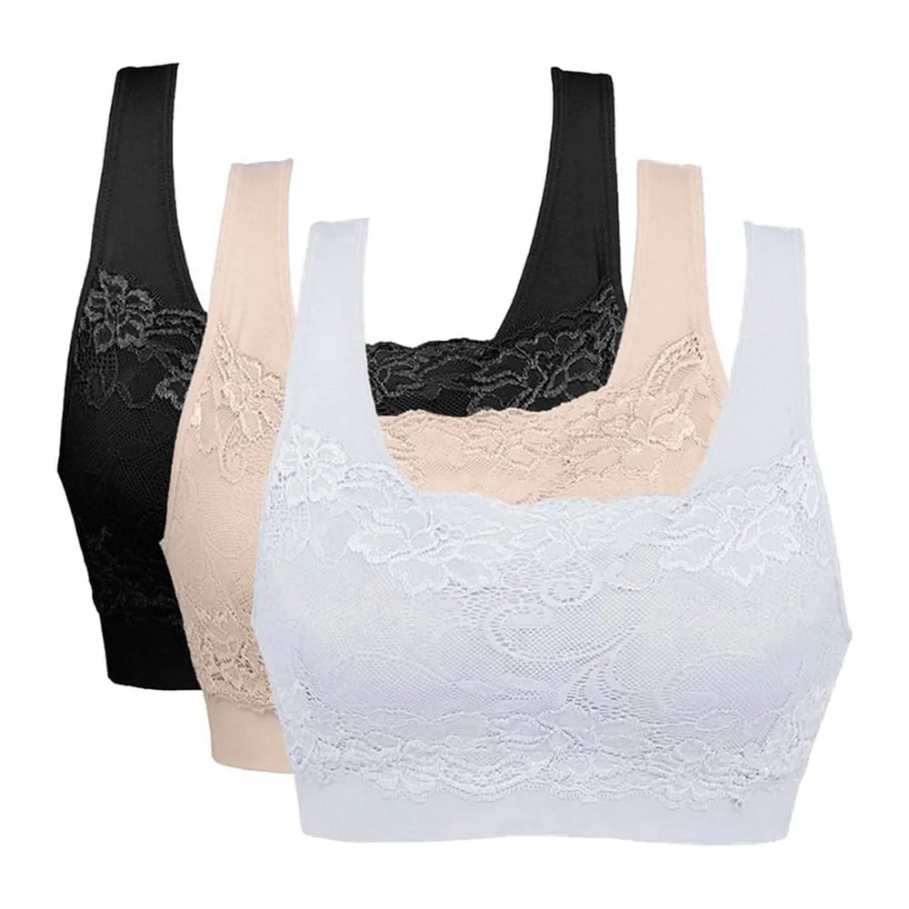Brassière Soutien Gorge Dentelle sans Armature pour Sport — Noir+blanc+chair