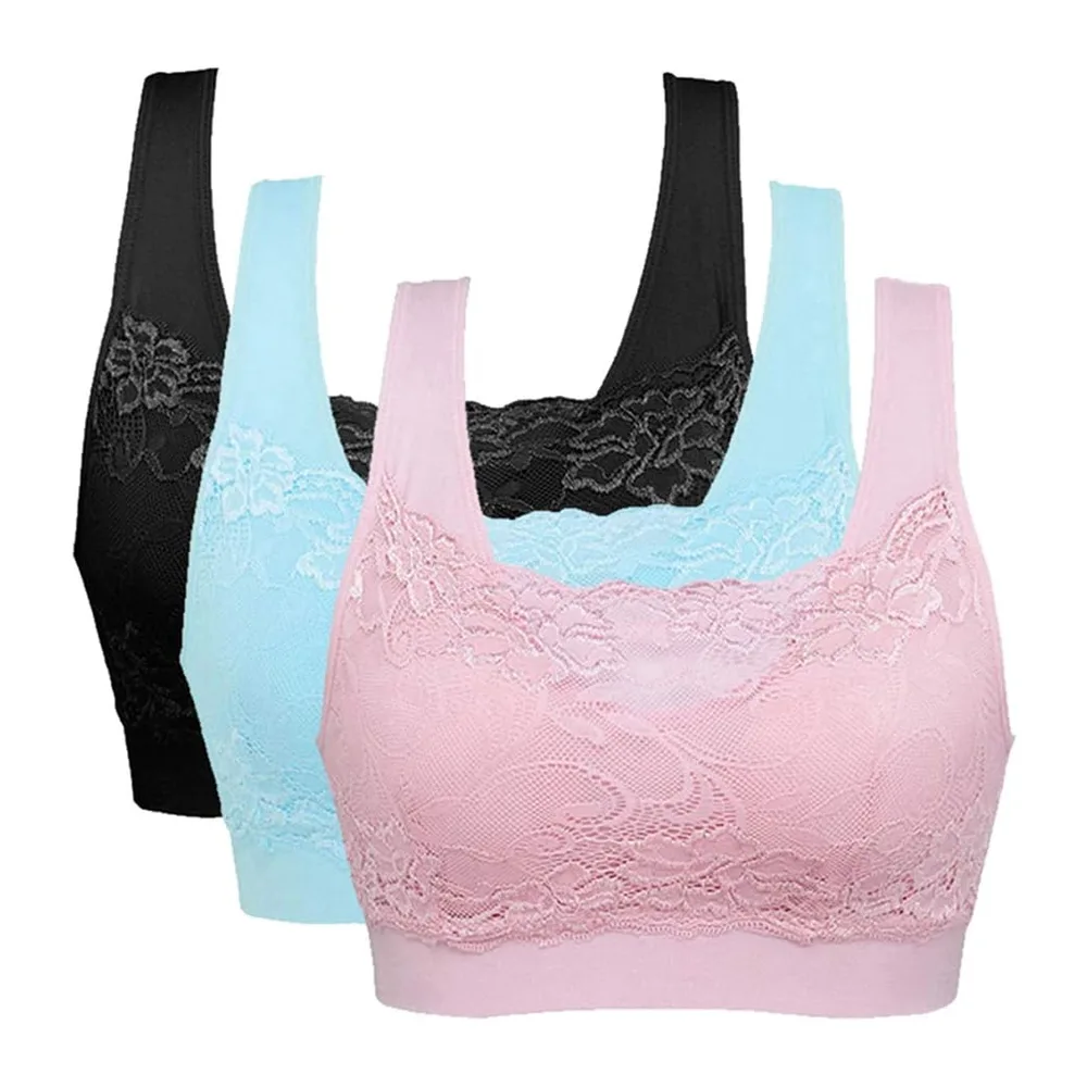 Brassière Soutien Gorge Dentelle sans Armature pour Sport — Noir+rose+bleu