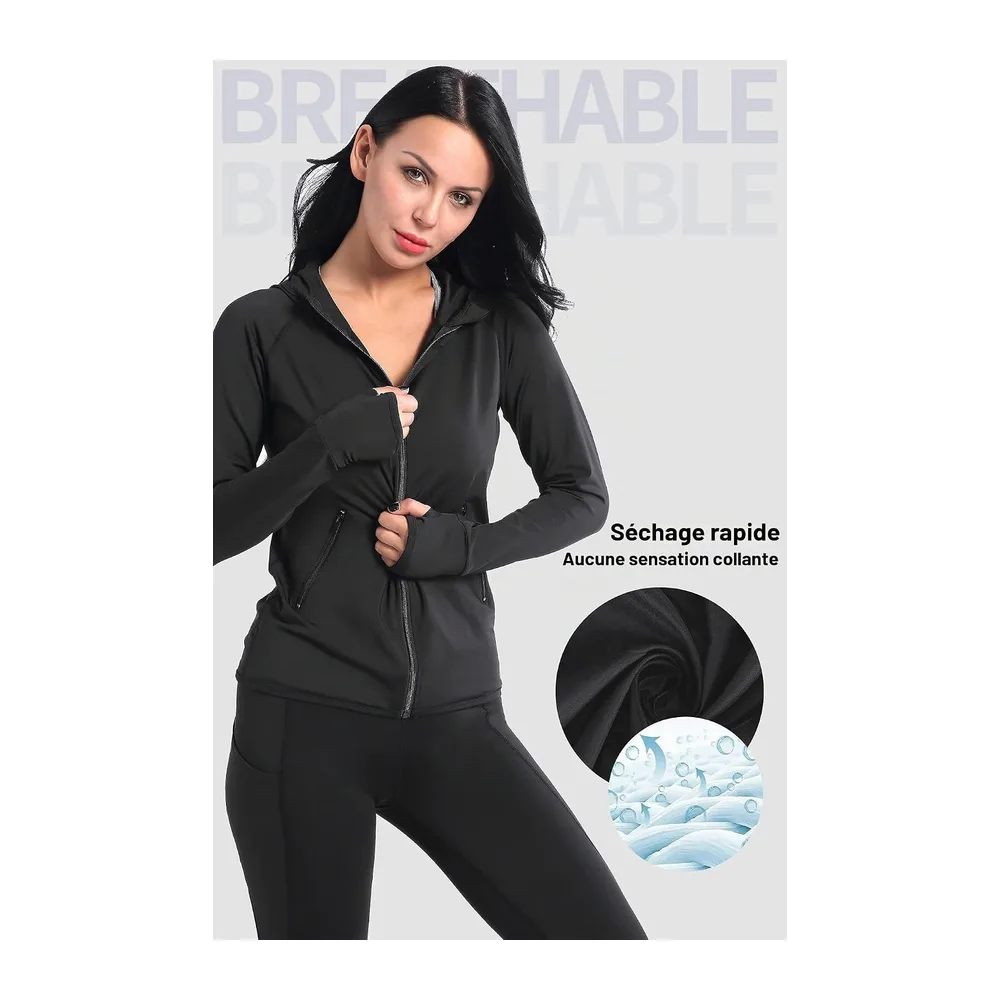 Sweat à Capuche et à Manches Longues Veste de Course Sport avec Trous Les — 8003-noir