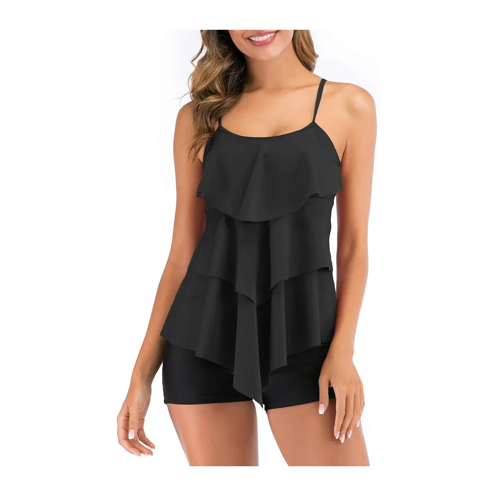 Maillot de Bain Tankini Ensembles à Volants Maillot Haut Imprimé avec Short de — Noir