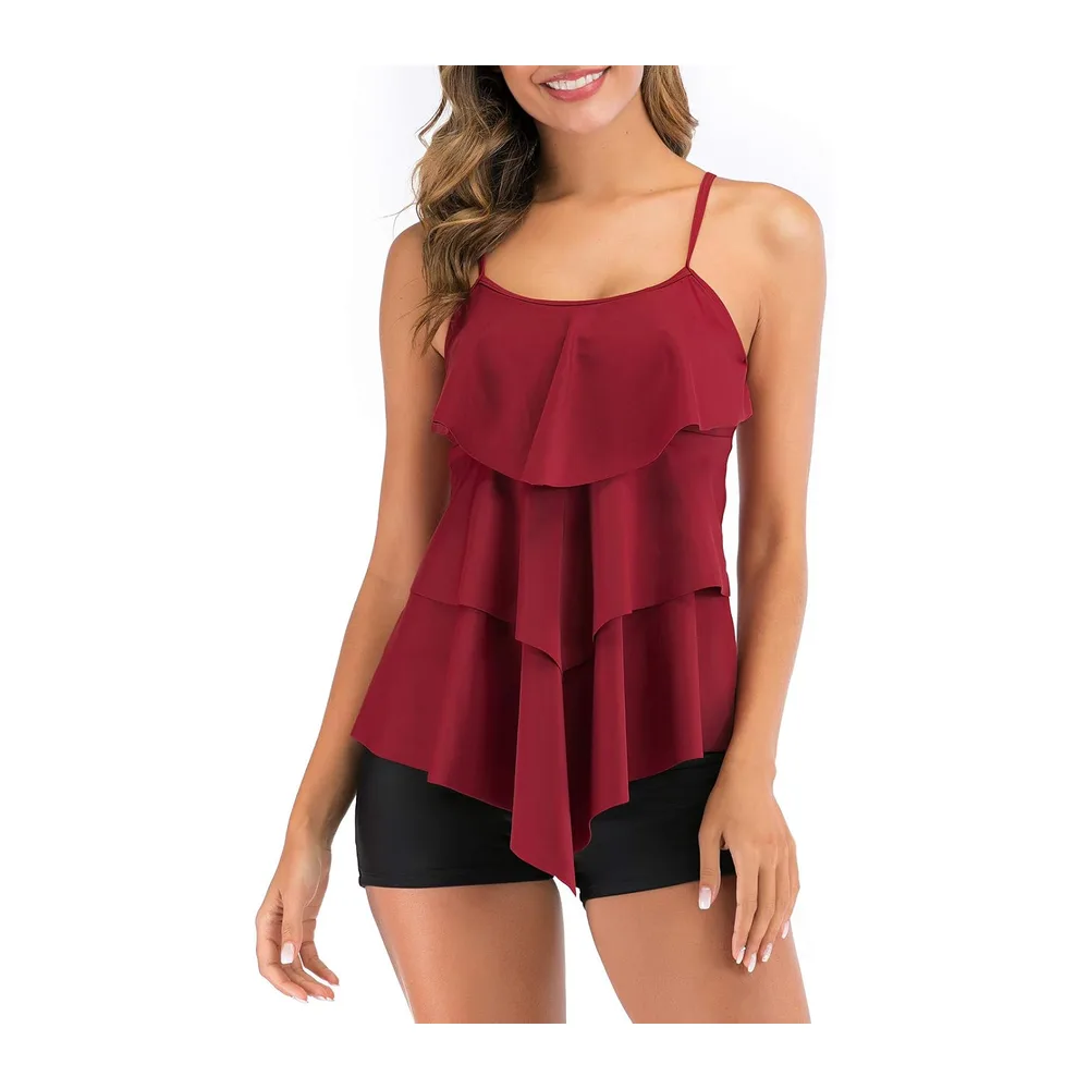 Maillot de Bain Tankini Ensembles à Volants Maillot Haut Imprimé avec Short de — Winered