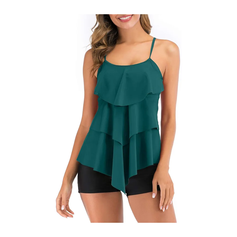Maillot de Bain Tankini Ensembles à Volants Maillot Haut Imprimé avec Short — Darkgreen