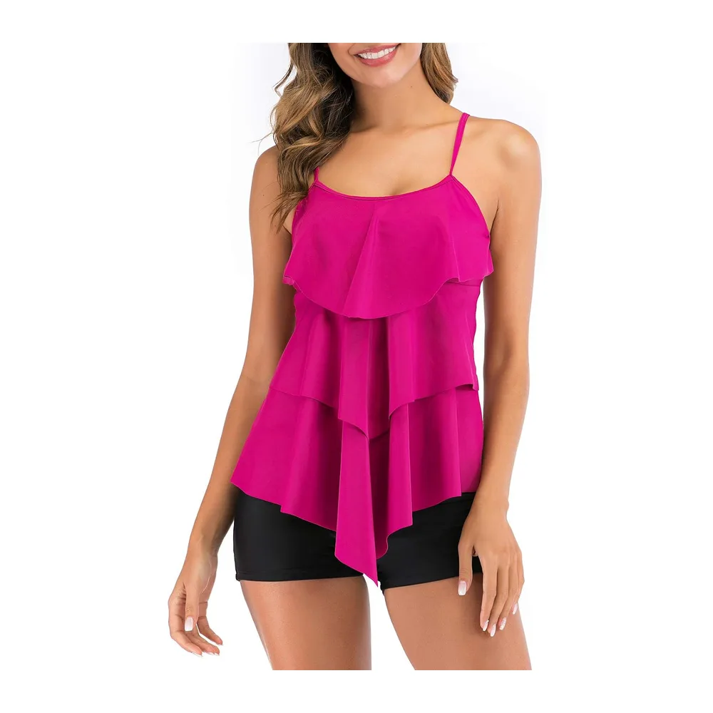 Maillot de Bain Tankini Ensembles à Volants Maillot Haut Imprimé avec Short de — Rosered