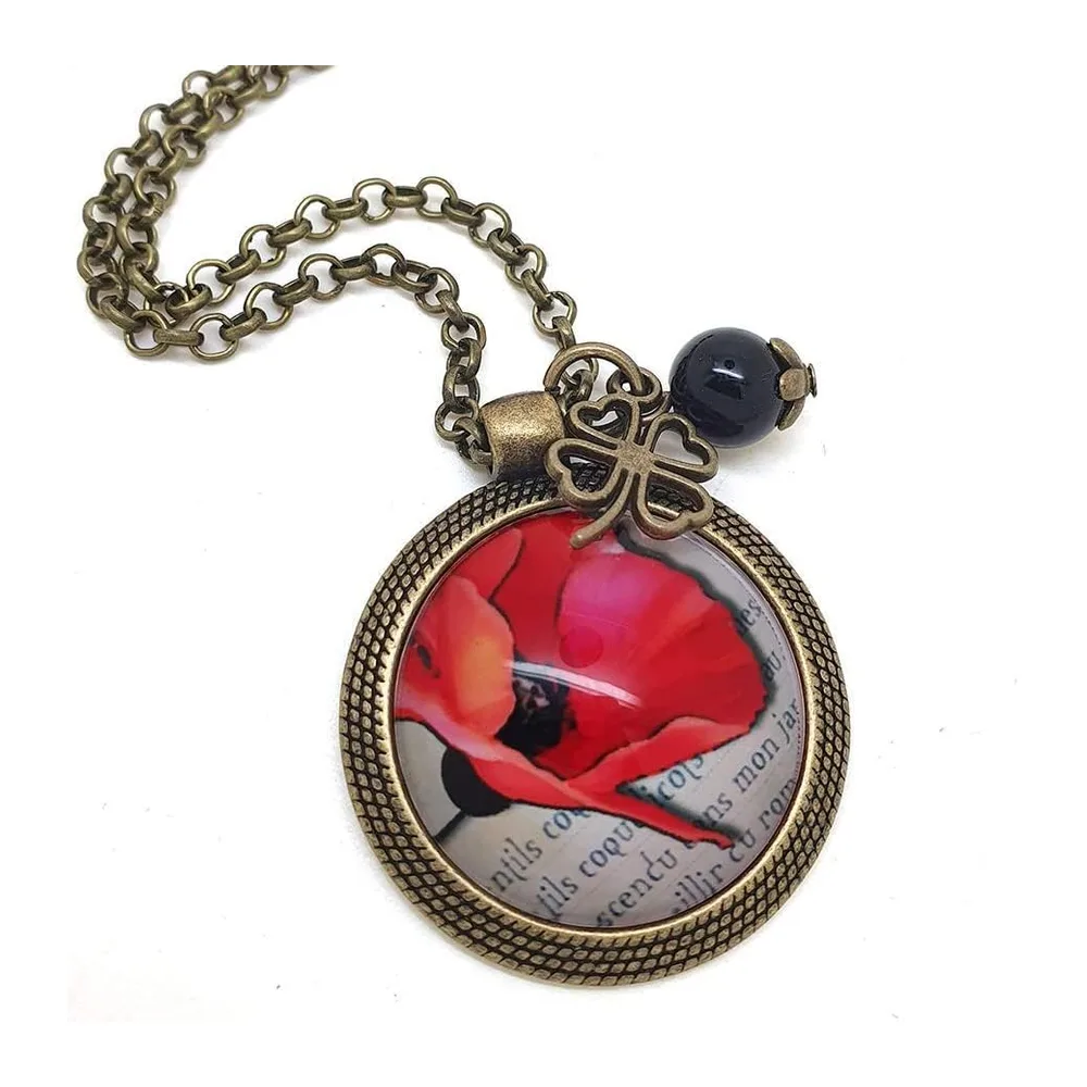 By Capucine Bohemian Long Pendant Necklace Red Poppy Glass Cabochon Medallion Style