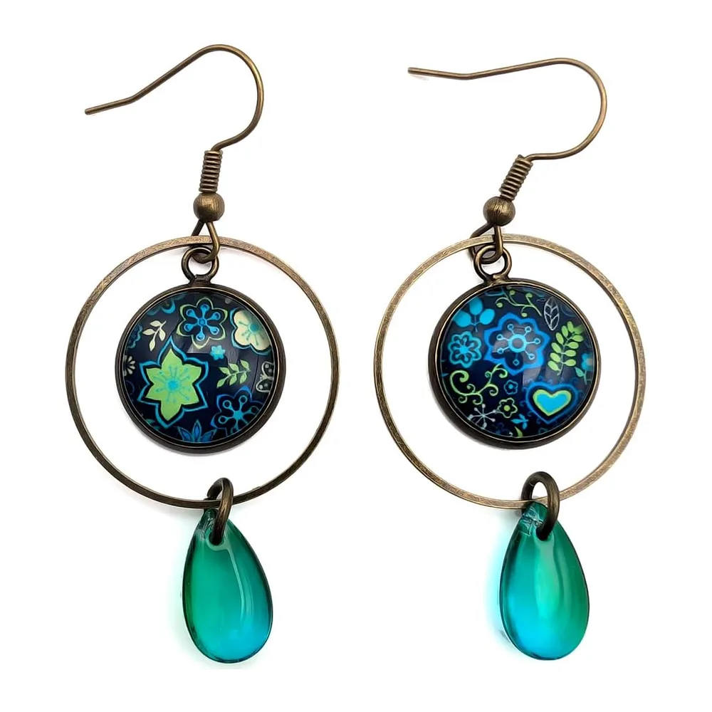 Pendant Earrings Glass Cabochon Bronze Flowers Blue Green Lime Green Bohemian Circle