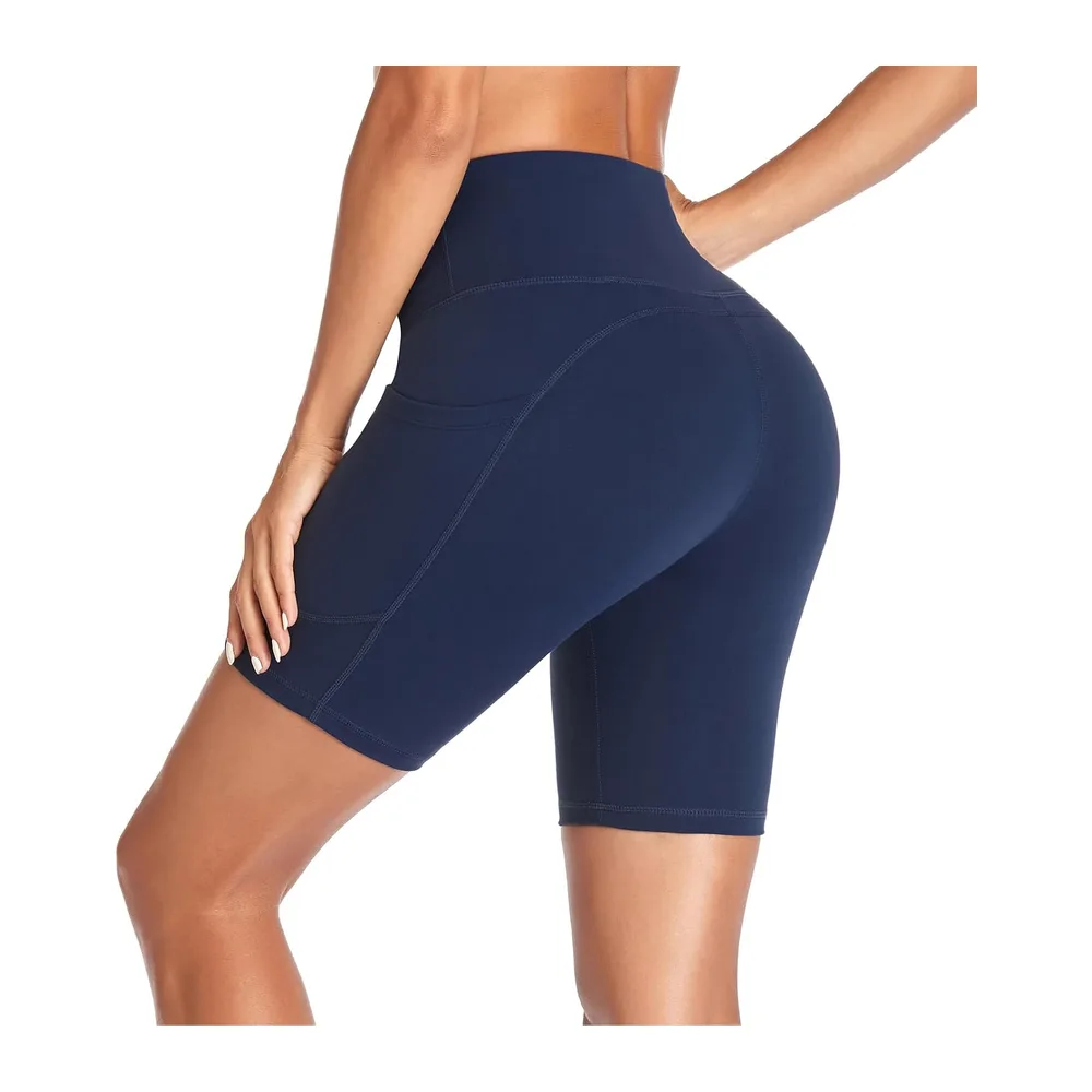 Shorts de Sport Taille Haute Leggings Court avec Poche Pantalon Leggins pour — Bleu Foncé