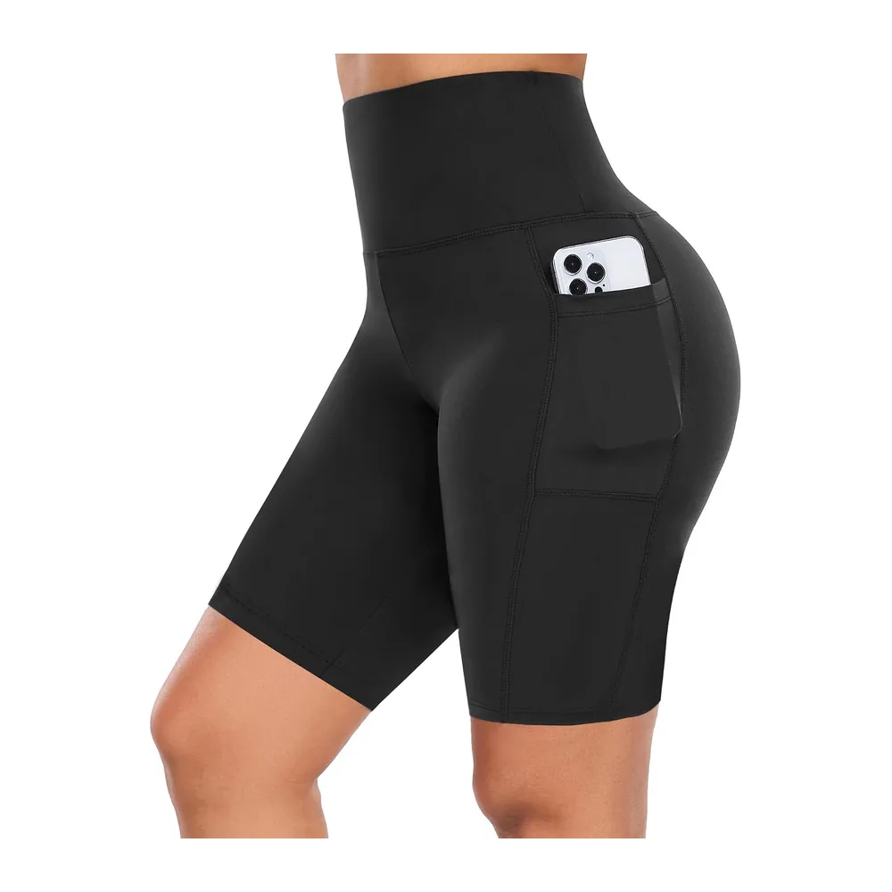 Shorts de Sport Taille Haute Leggings Court avec Poche Pantalon Leggins pour Yoga — Noir