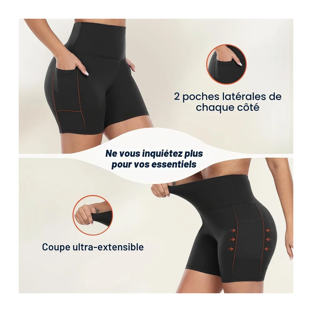 Shorts de Sport Taille Haute Leggings Court avec Poche Pantalon Leggins pour Yoga — Noir