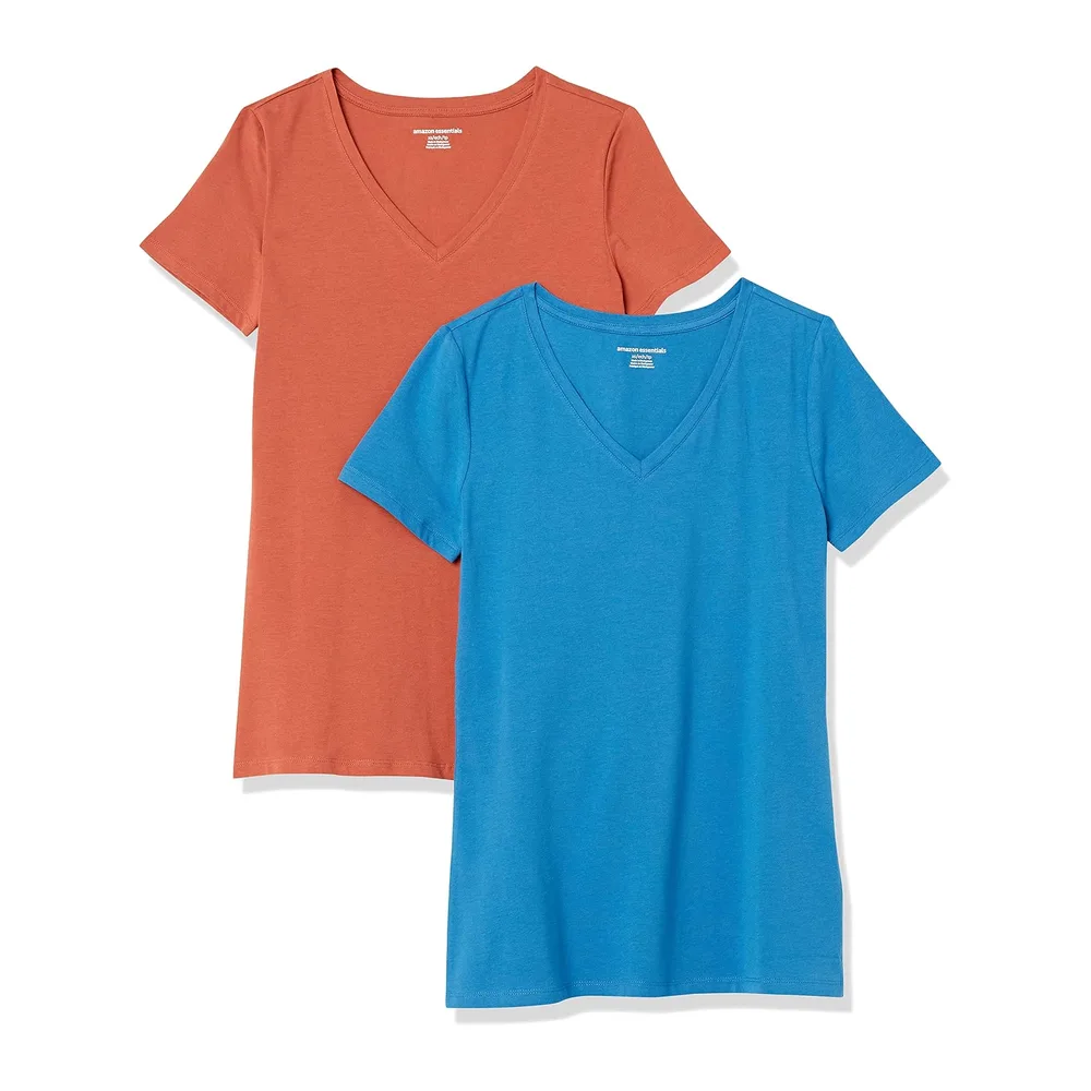 T-Shirt Col en V, à Manches Courtes, Coupe Standard, Packs Multiples — Terracota/Bleu