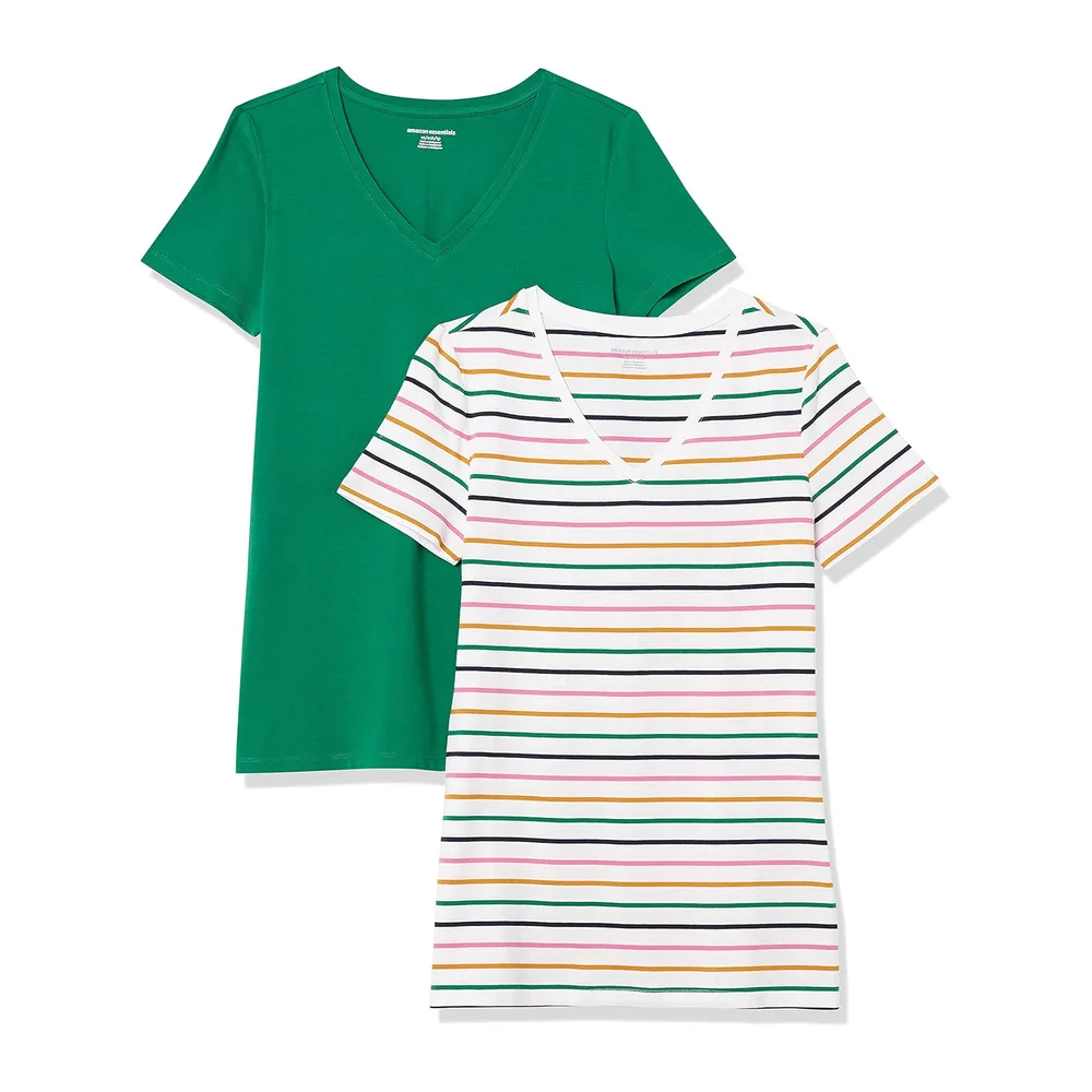 T-Shirt Col en V, à Manches Courtes, Coupe Standard, Packs Multiples — Blanc Rayures/Vert
