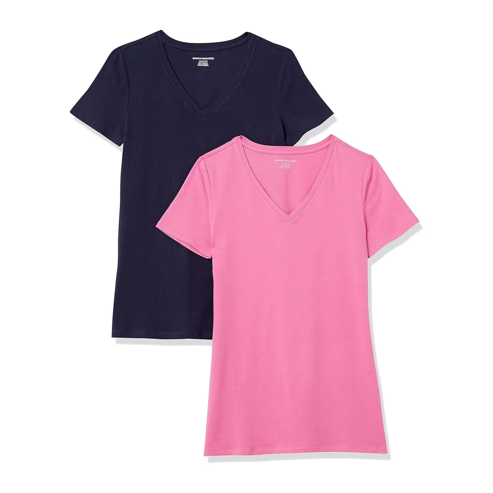 T-Shirt Col en V, à Manches Courtes, Coupe Standard, Packs Multiples — Rose/Bleu Marine