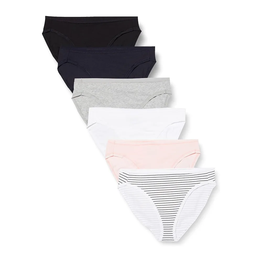 Culotte Bikini Échancrée en Coton Extensible, Lot Multiple — Multicolore/Chiné/Rayures