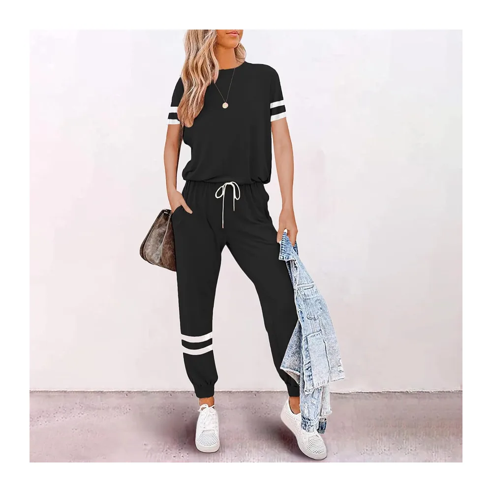 Casual Outfit, Jogging Suit, Pyjamas, Nightwear, Round Neck — Manches Courtes Noir