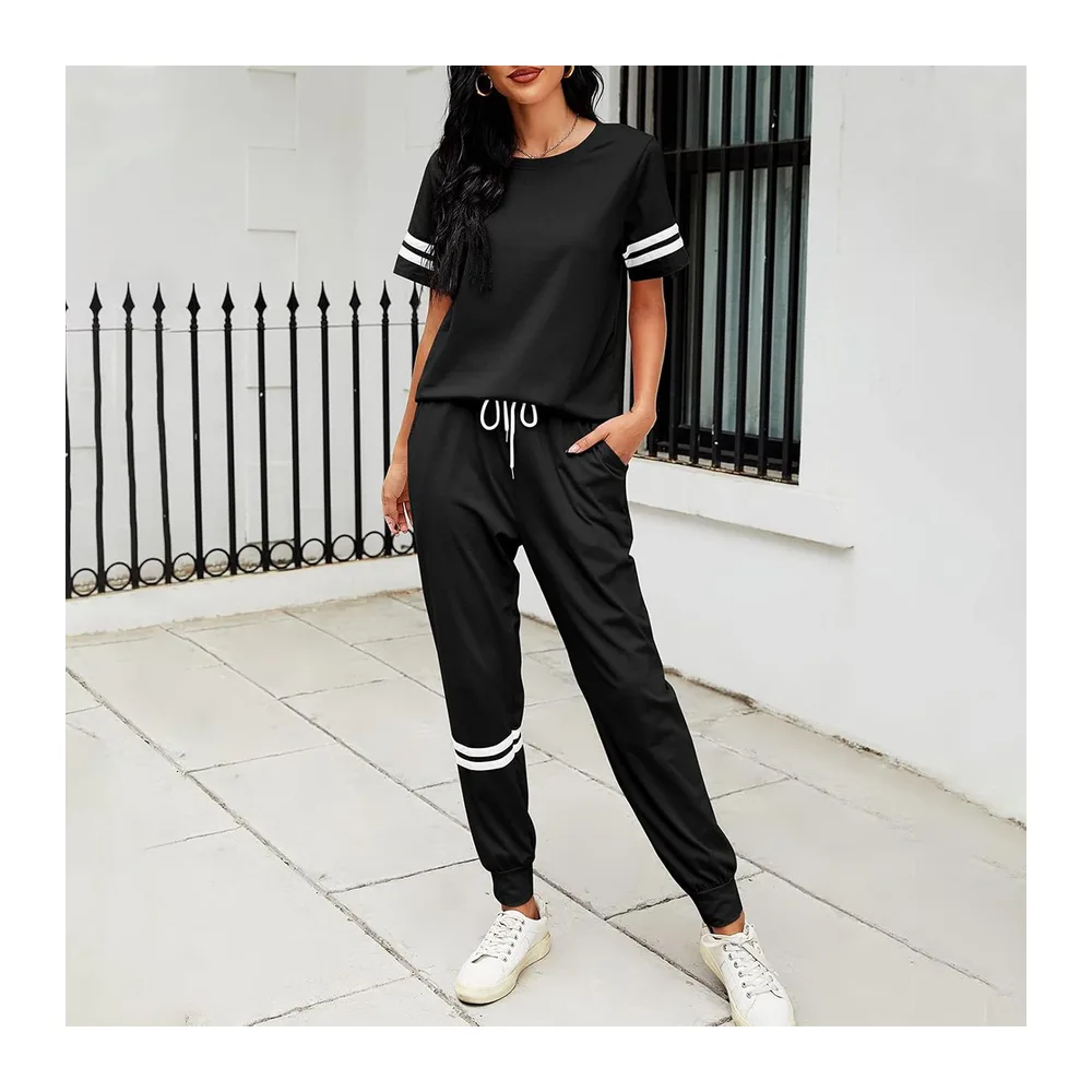 Casual Outfit, Jogging Suit, Pyjamas, Nightwear, Round Neck — Manches Courtes Noir