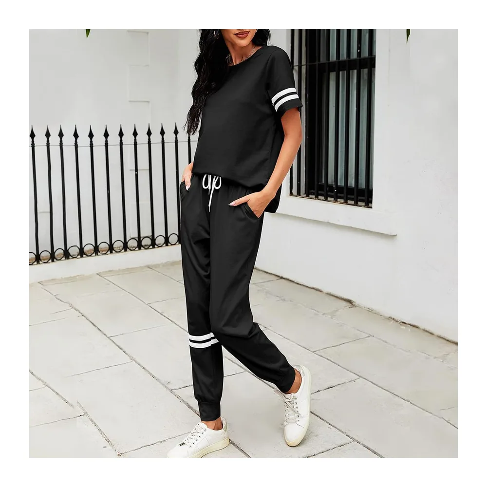 Casual Outfit, Jogging Suit, Pyjamas, Nightwear, Round Neck — Manches Courtes Noir