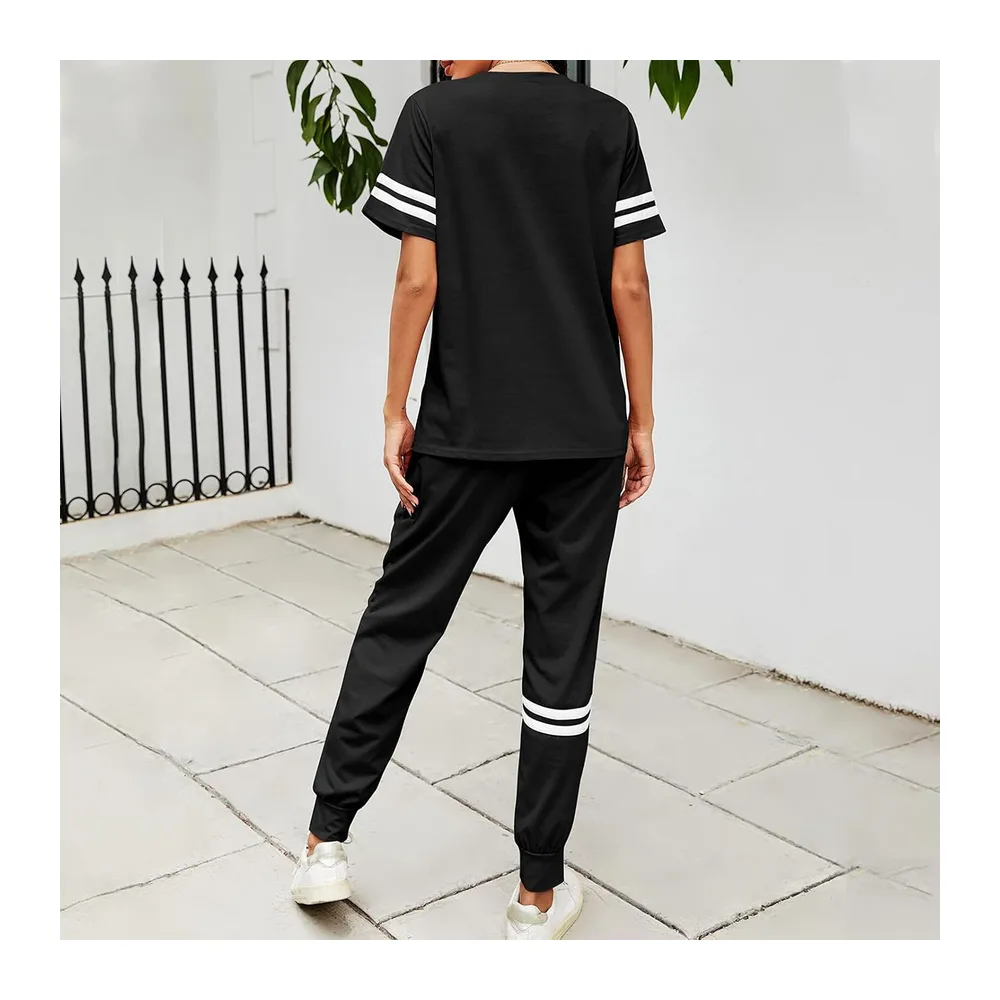 Casual Outfit, Jogging Suit, Pyjamas, Nightwear, Round Neck — Manches Courtes Noir