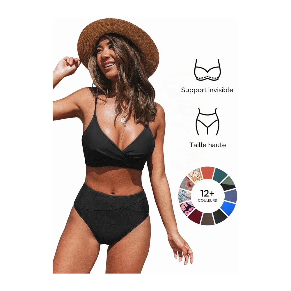 Bikini Torsadé Taille Haute Ensemble Bikini Col V Élégant Maillots de Bain — Noir