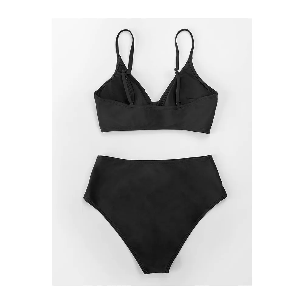 Bikini Torsadé Taille Haute Ensemble Bikini Col V Élégant Maillots de Bain — Noir