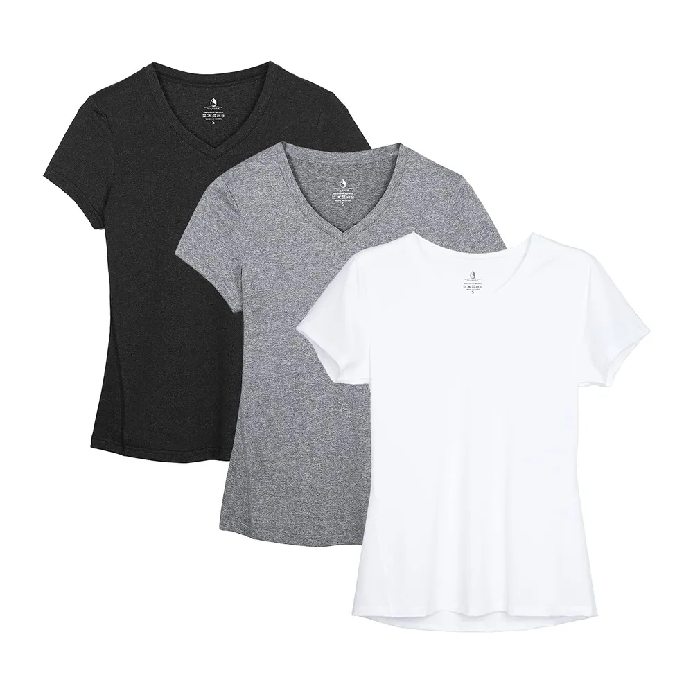 T-Shirts de Sport à Manche Courtes Tops et Col en V Fitness Yoga Tee — Noire/Cendré/Blanc