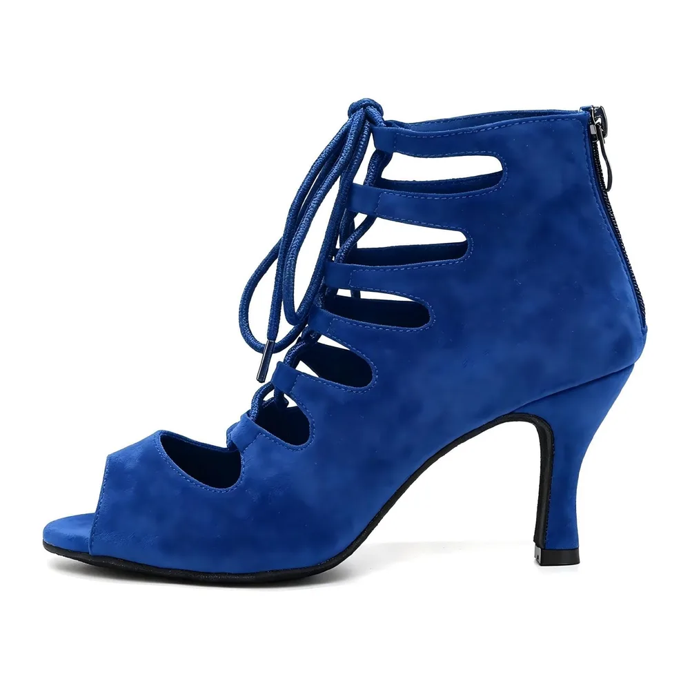 Chaussures de Danse Latine Petit Talon Ouverte Bottes de Danse Salsa — Bleu 7 5cm Talon