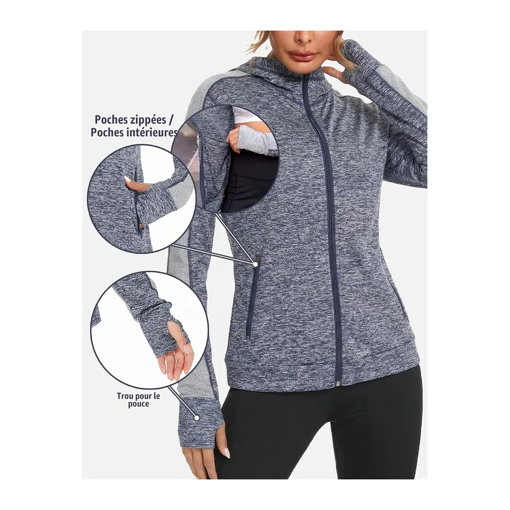 Veste Sport Sweat Légère Zippé Capuche Vestes à Manches Longues S-XXL — Bleu+gris
