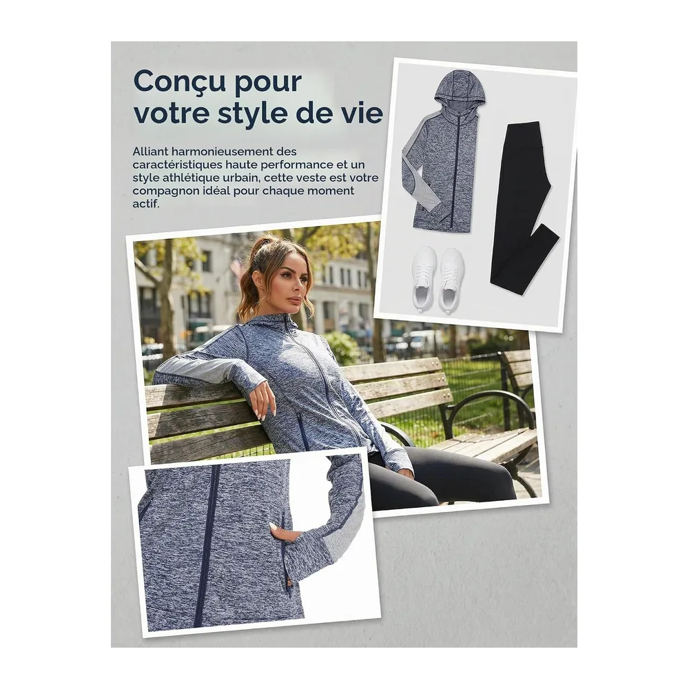 Veste Sport Sweat Légère Zippé Capuche Vestes à Manches Longues S-XXL — Bleu+gris