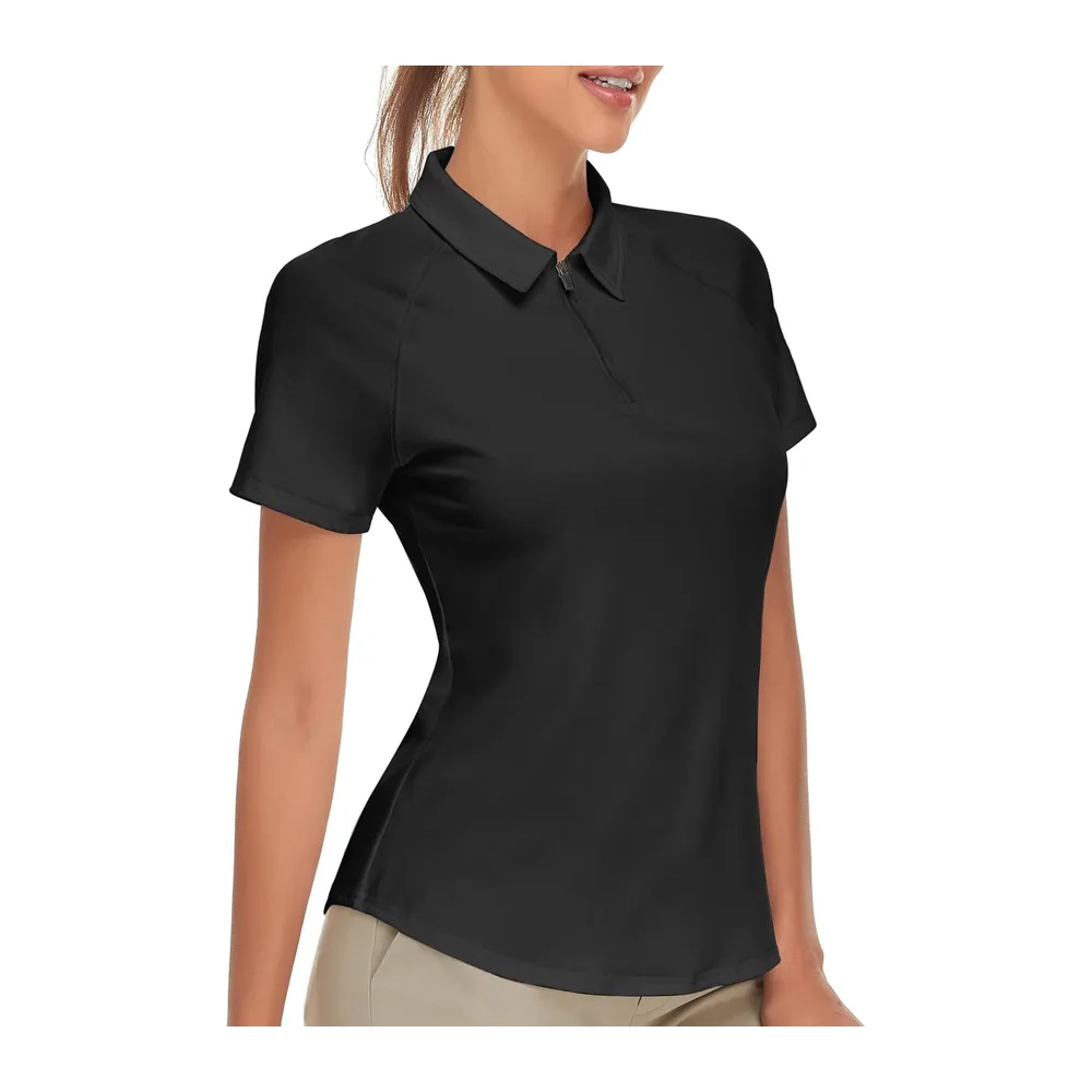 Polo Manches Courtes/sans Manches avec 1/4 Zipper d'été T Shirt Sport Blanc Golf — Noir
