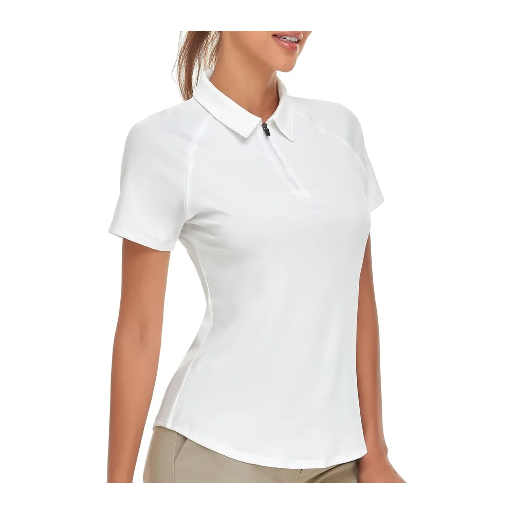 Polo Manches Courtes/sans Manches avec 1/4 Zipper d'été T Shirt Sport Blanc Golf — Blanc