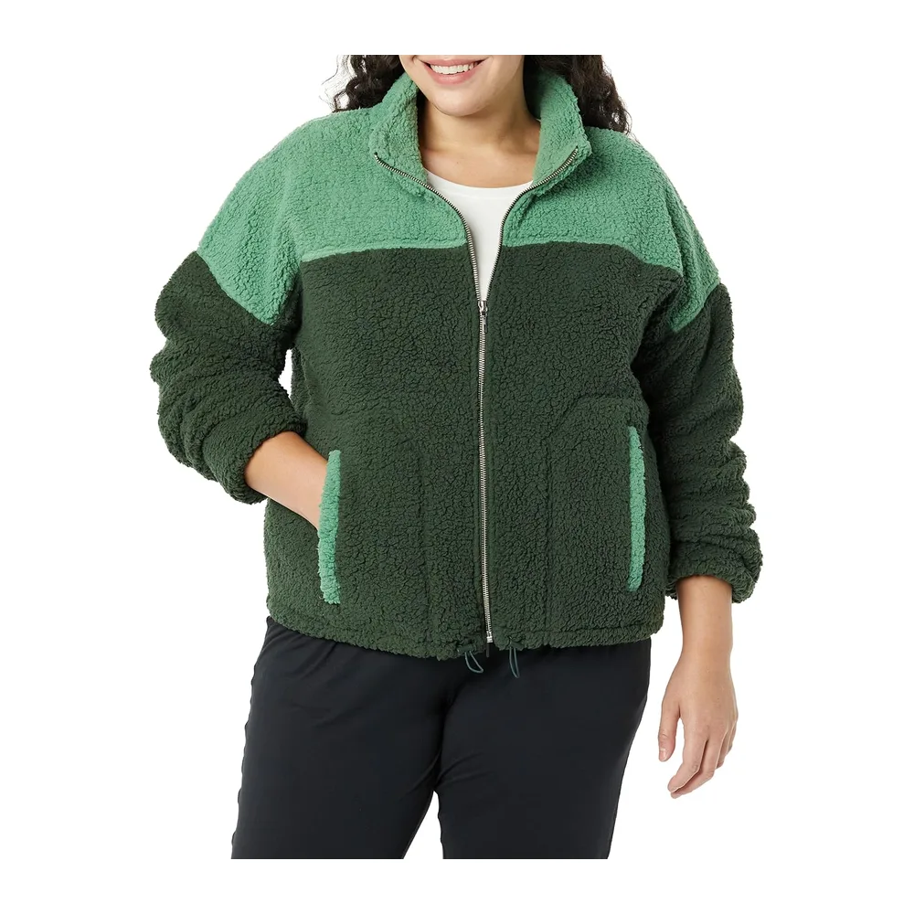 Veste Zippée en Polaire Effet Mouton, Col Montant — Vert Foncé Vert Sauge Shearling