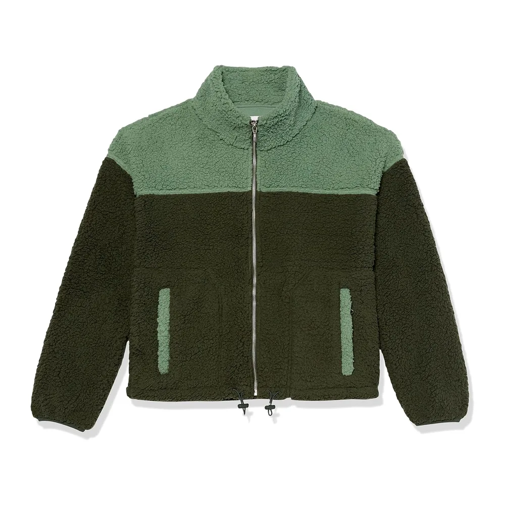 Veste Zippée en Polaire Effet Mouton, Col Montant — Vert Foncé Vert Sauge Shearling