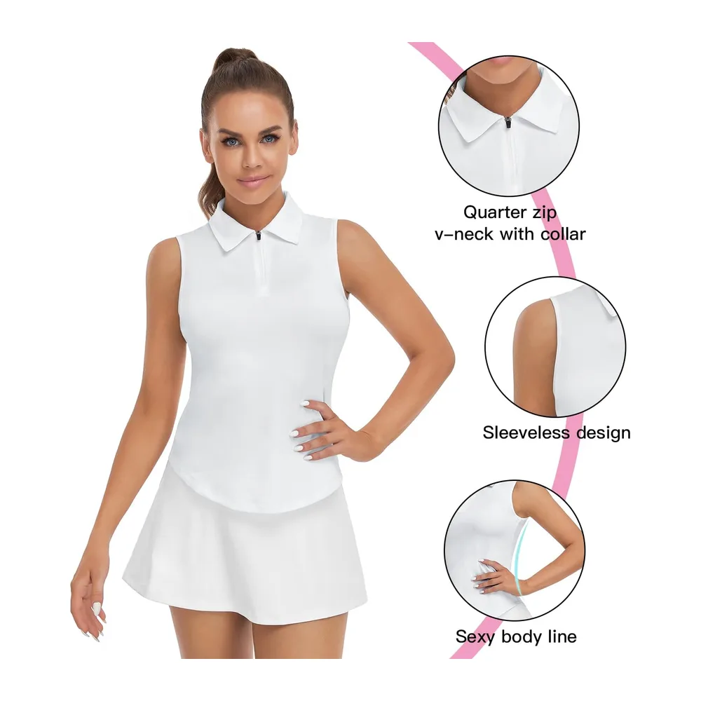 Polo Manches Courtes/sans Manches avec 1/4 Zipper d'été T Shirt Sport Blanc — A- Blanc