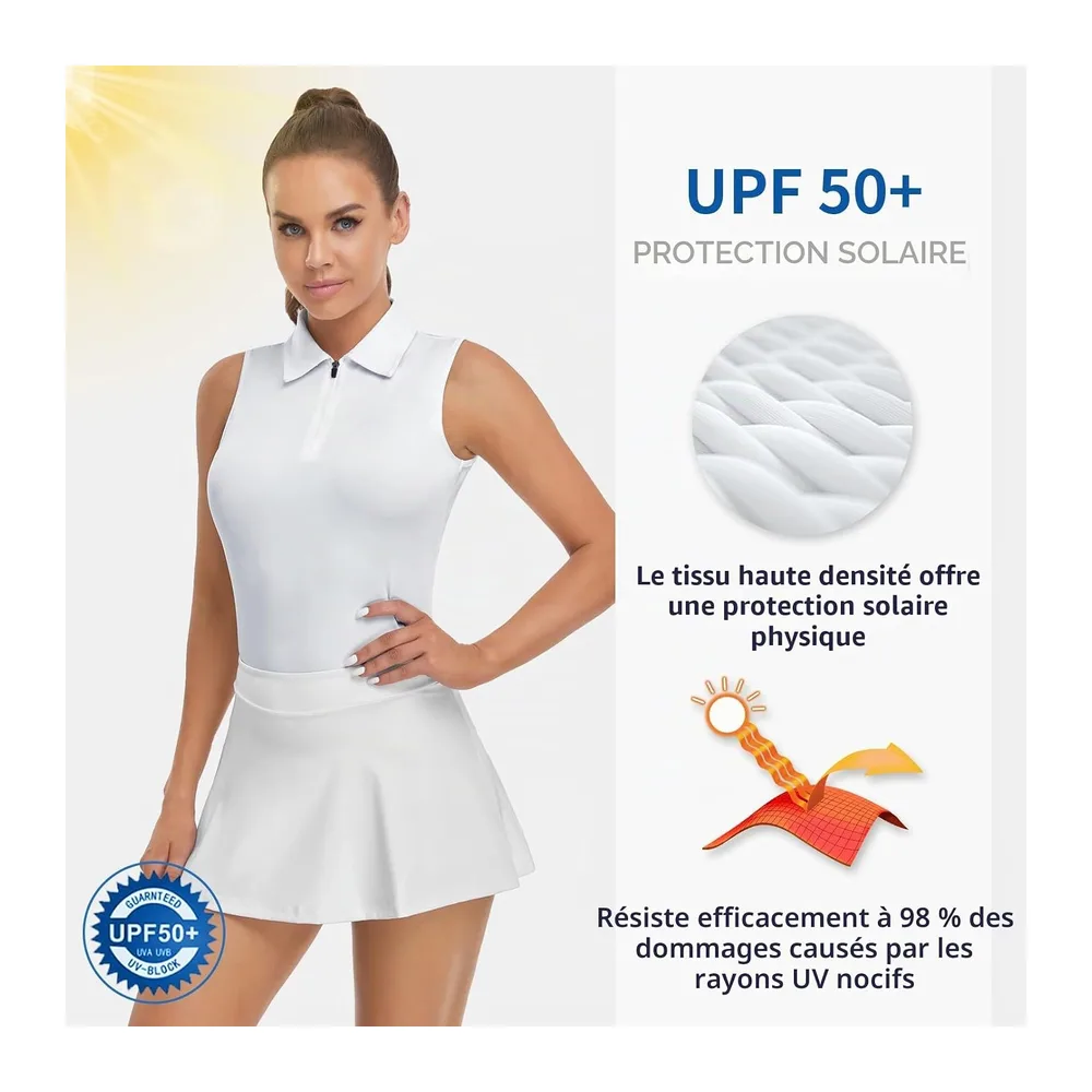 Polo Manches Courtes/sans Manches avec 1/4 Zipper d'été T Shirt Sport Blanc — A- Blanc