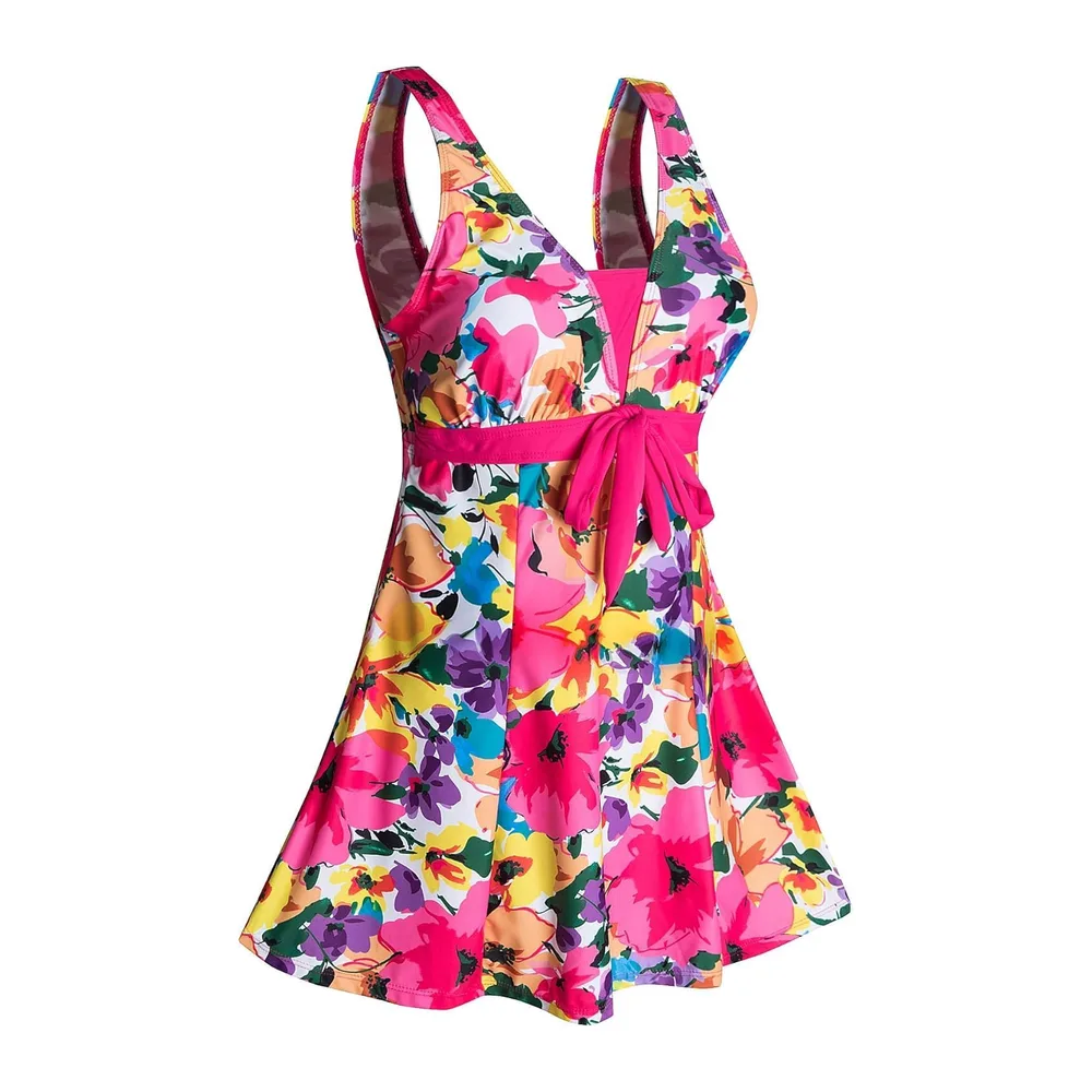 Maillot de Bain Une Pieces Rétro Jupe avec Volantée Contrôle du Ventre Push Up Col — Rose