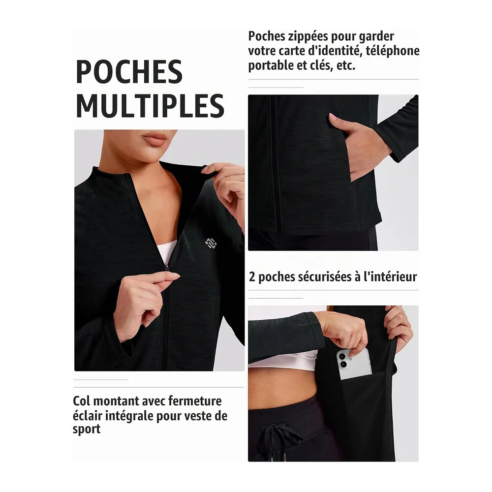 Vestes de Sport Vest Légère Manche Longue Sweat Zippé sans Capuche Survêtement de — Noir