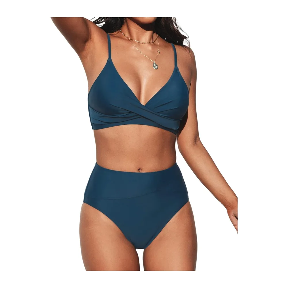 Bikini Torsadé Taille Haute Ensemble Bikini Col V Élégant Maillots de Bain — Bleu Froncé