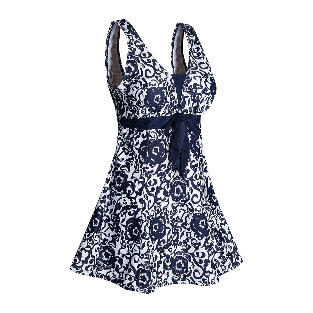 Maillot de Bain Une Pieces Rétro Jupe avec Volantée Contrôle du Ventre Push — Bleu Marine