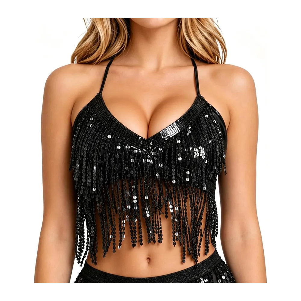 Haut à Paillettes, Top Paillette avec Franges, Soutien Gorge Scintillant Nuque — Noir