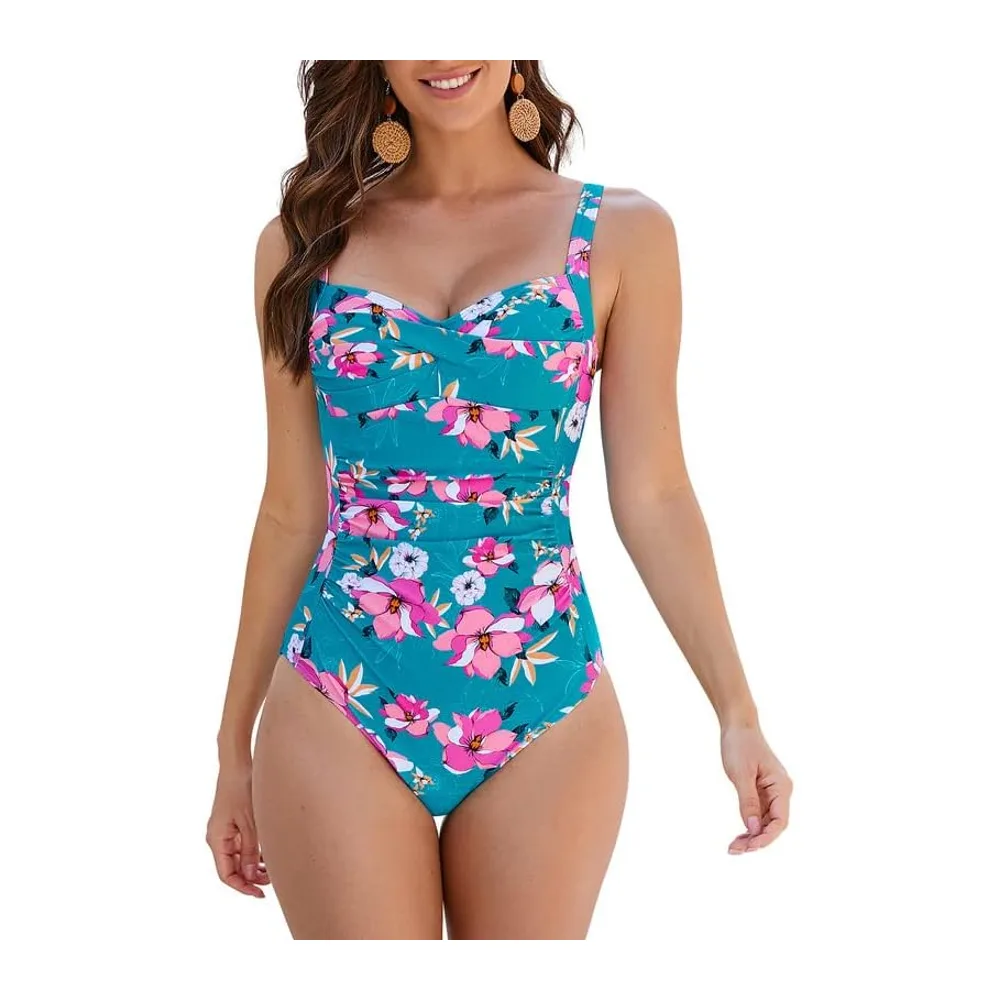 Pièce Maillot de Bain contrôle du Ventre Maillot de Bain rembourré — Fleur Rose & Vert