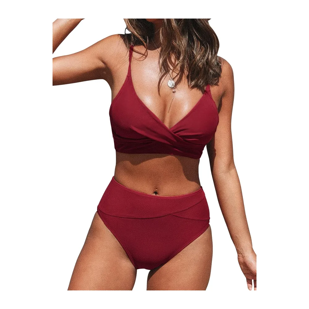 Bikini Torsadé Taille Haute Ensemble Bikini Col V Élégant Maillots de Bain — Rouge Vin