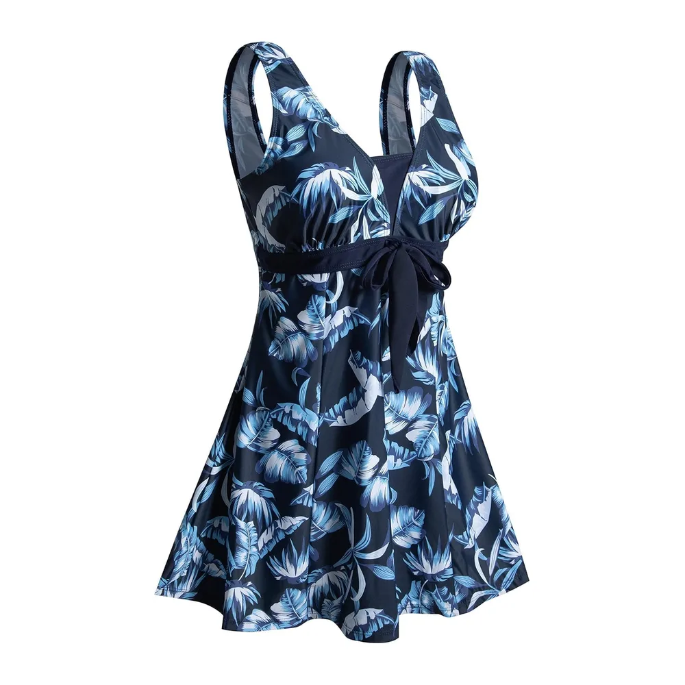 Maillot de Bain Une Pieces Rétro Jupe avec Volantée Contrôle du Ventre Push — Plume Bleue