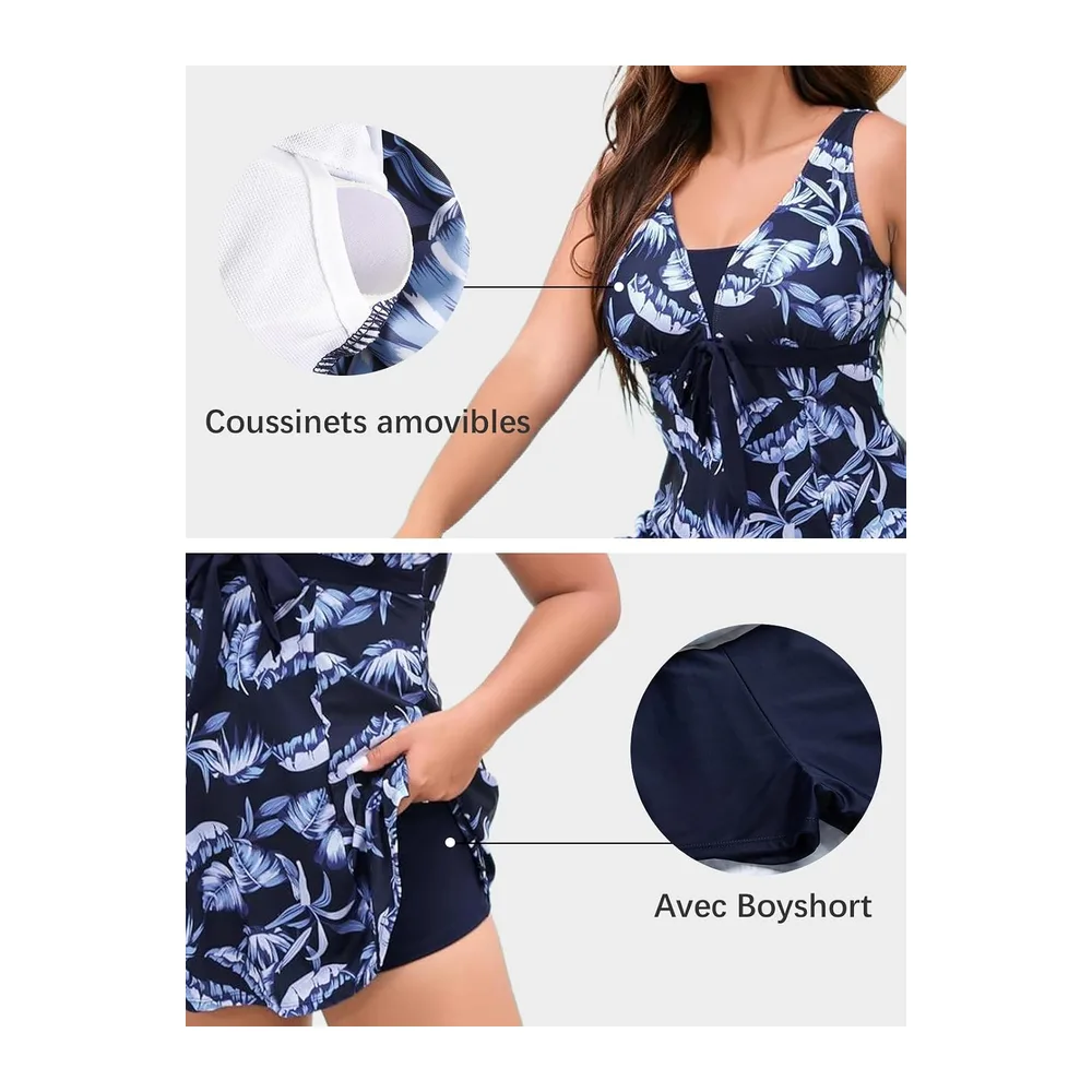 Maillot de Bain Une Pieces Rétro Jupe avec Volantée Contrôle du Ventre Push — Plume Bleue