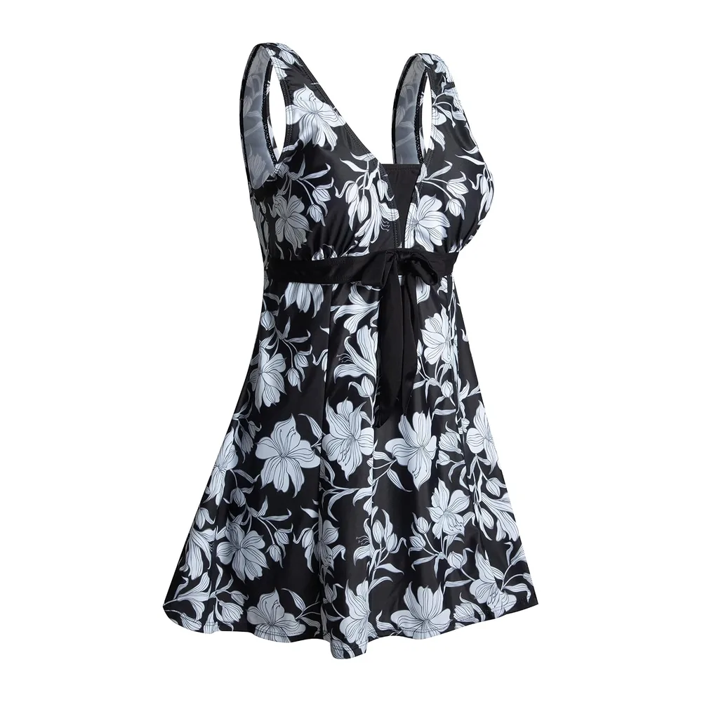 Maillot de Bain Une Pieces Rétro Jupe avec Volantée Contrôle du Ventre — Fleur Blanc-a