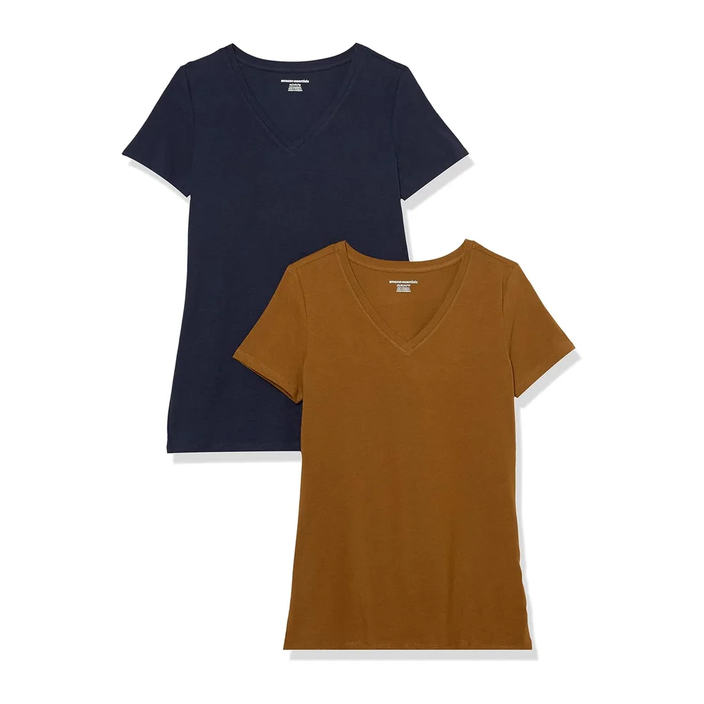 T-Shirt Col en V, à Manches Courtes, Coupe Standard — Brun Châtaigne Foncé/Bleu Marine