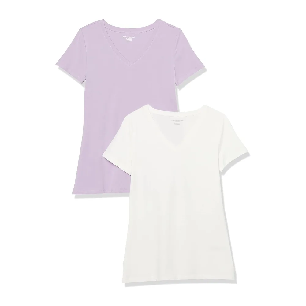 T-Shirt Col en V, à Manches Courtes, Coupe Standard, Packs Multiples — Lilas Pastel/Blanc
