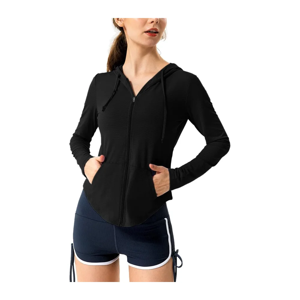 Manches longues UPF 50 + écran solaire Veste Hoodie Fitness Avec poches Yoga — Noir